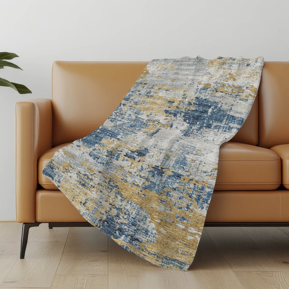 50" X 70" Blue Gold And Ivory Abstract Polyester Woven Plush Throw Blanket