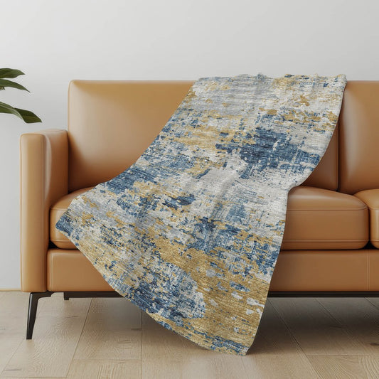 50" X 70" Blue Gold And Ivory Abstract Polyester Woven Plush Throw Blanket