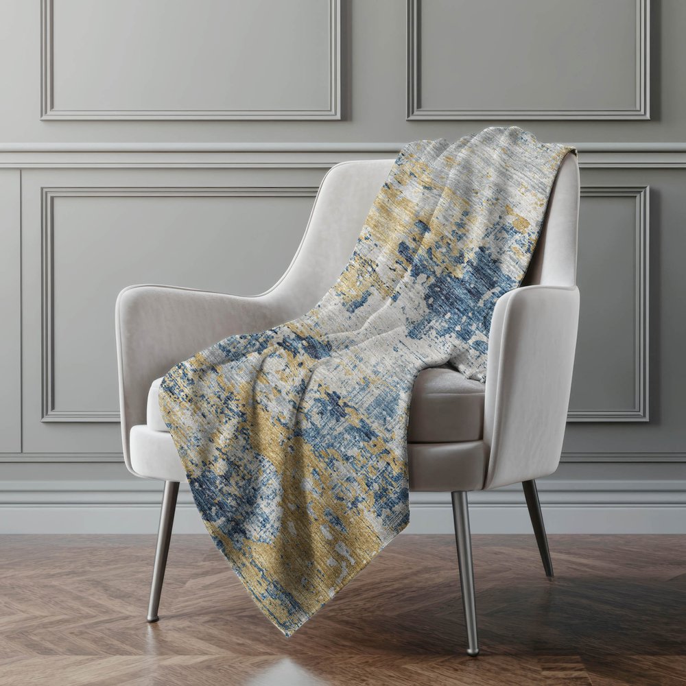 50" X 70" Blue Gold And Ivory Abstract Polyester Woven Plush Throw Blanket