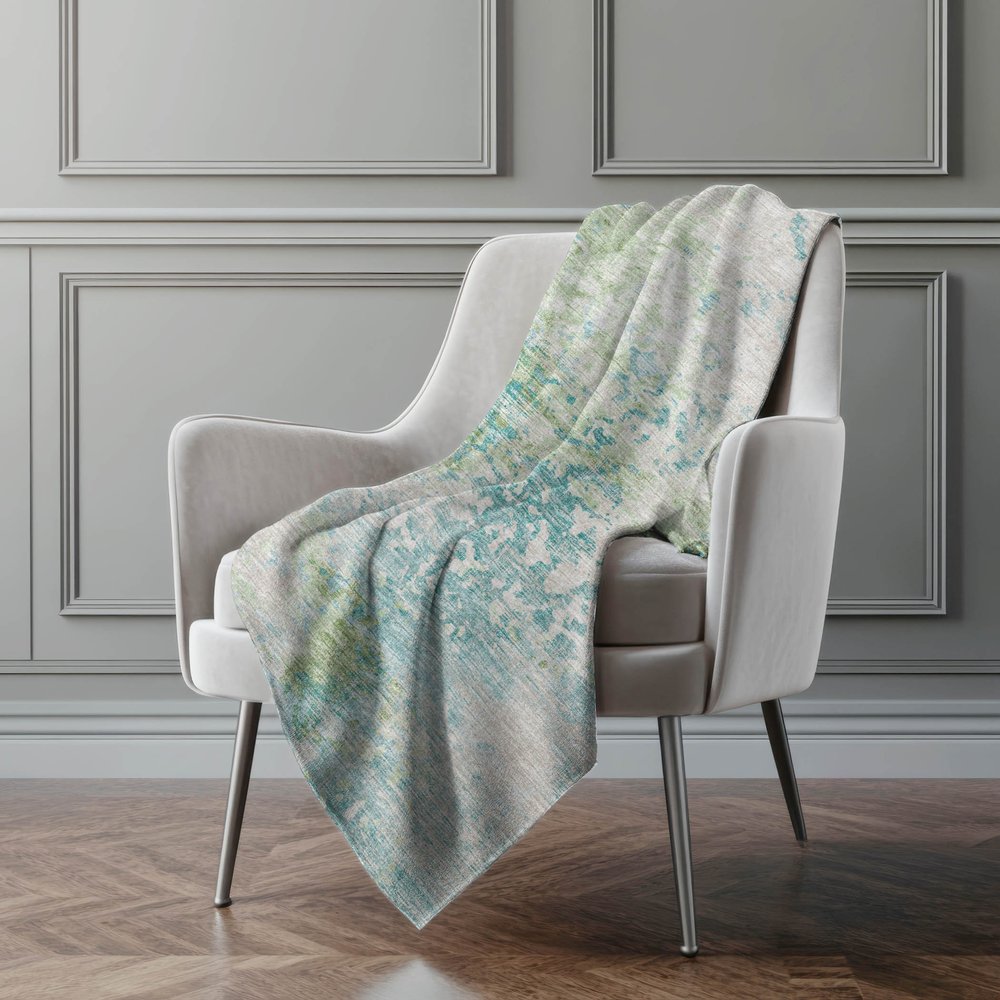 50" X 70" Green Teal And Beige Abstract Polyester Woven Plush Throw Blanket