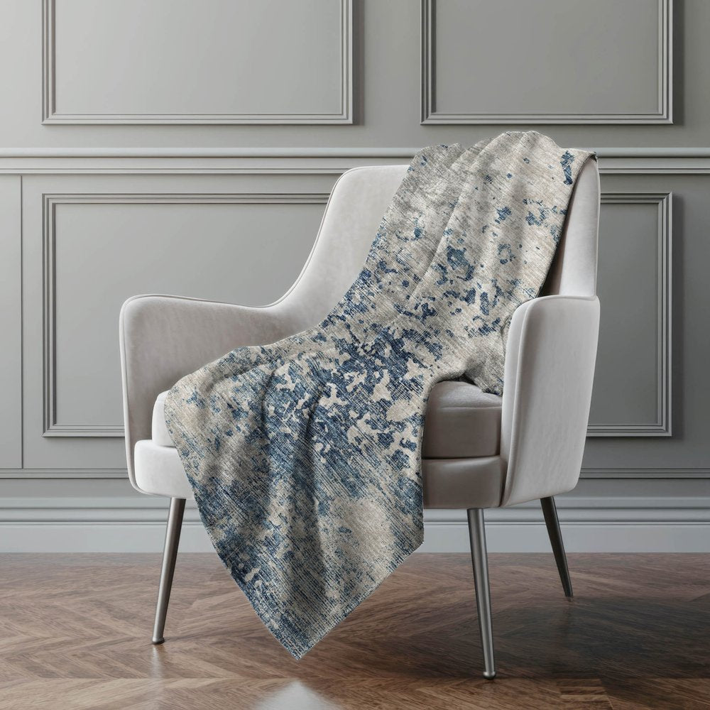 50" X 70" Blue Beige And Ivory Abstract Polyester Woven Plush Throw Blanket