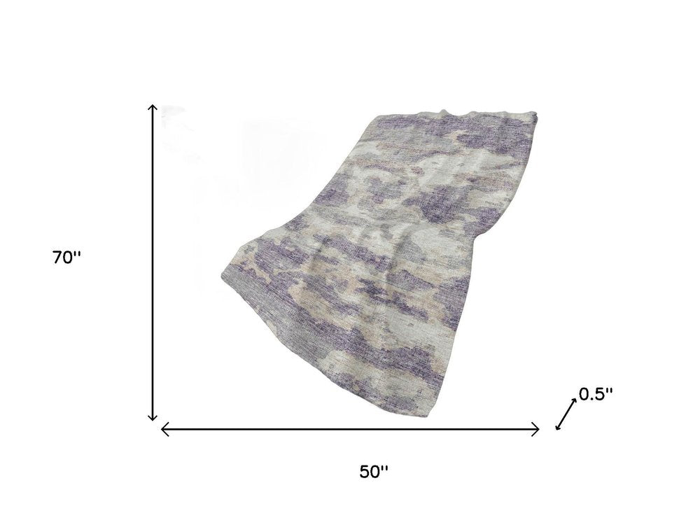 50" X 70" Purple Ivory And Gray Abstract Polyester Woven Plush Throw Blanket