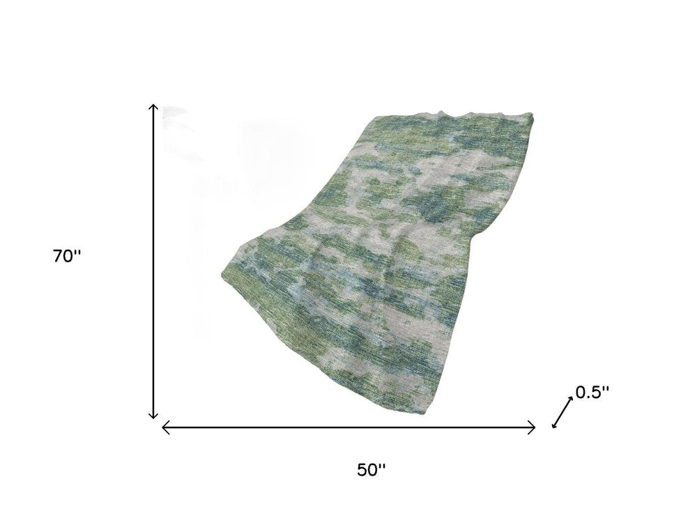 50" X 70" Green Teal And Beige Abstract Polyester Woven Plush Throw Blanket