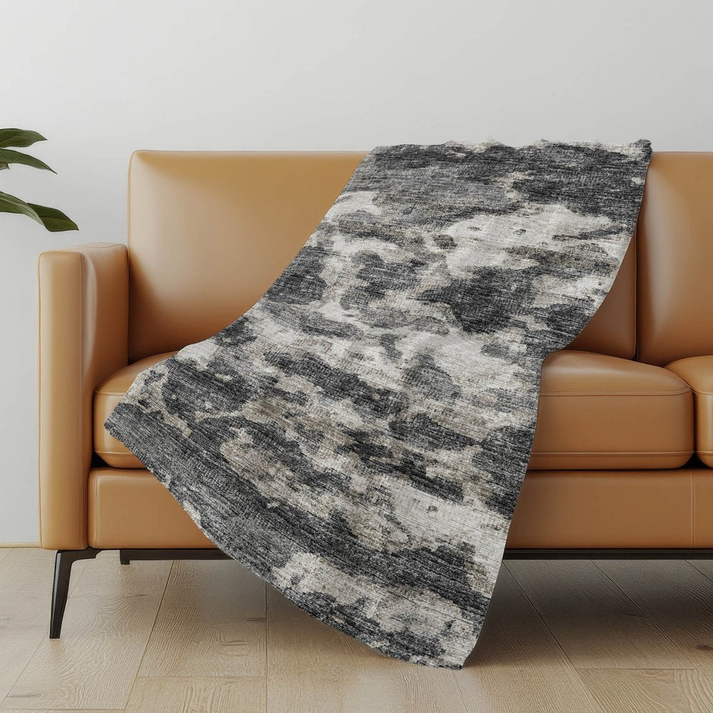 50" X 70" Black Ivory And Gray Abstract Polyester Woven Plush Throw Blanket