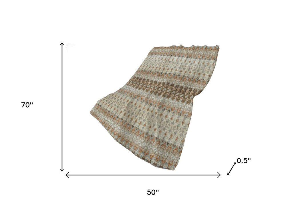 50" X 70" Chocolate Beige And Blue Geometric Polyester Woven Plush Throw Blanket