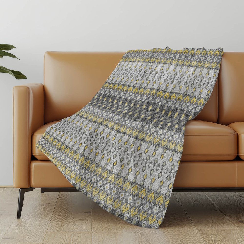 50" X 70" Gray And Gold Geometric Polyester Woven Plush Throw Blanket