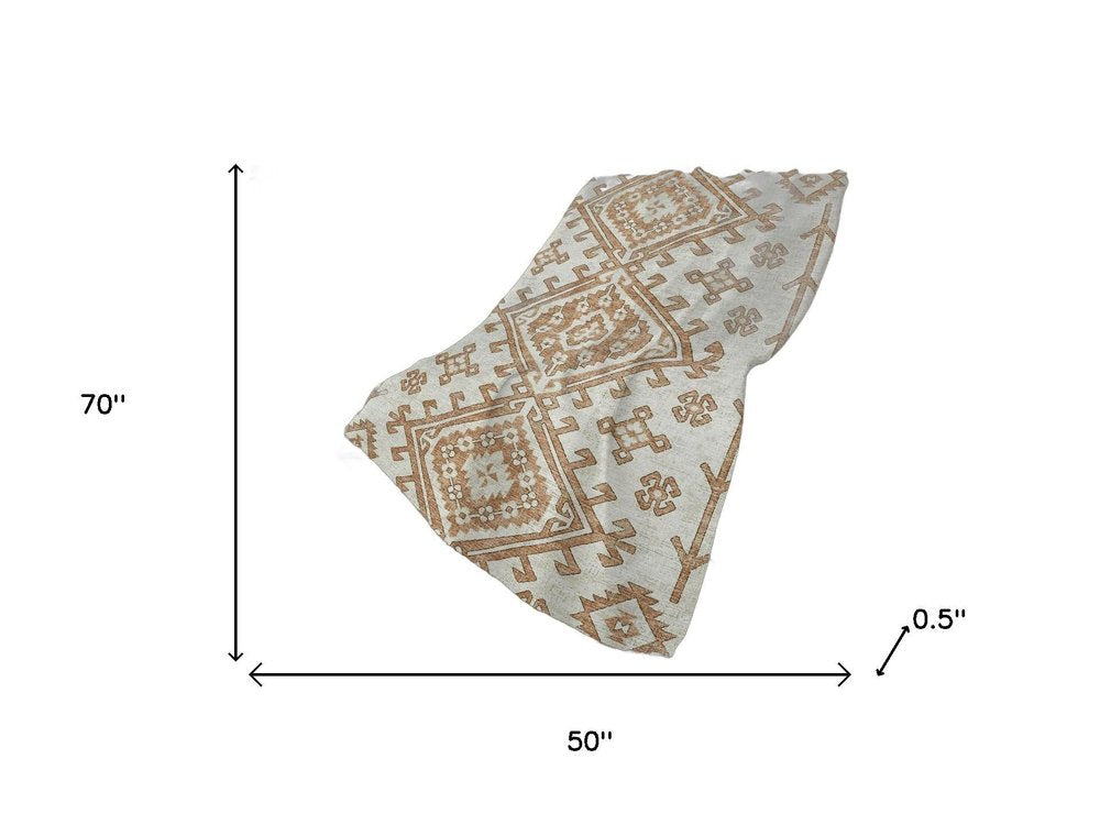 50" X 70" Beige And Chocolate Southwestern Polyester Woven Plush Throw Blanket