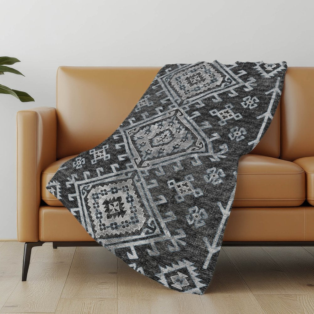 50" X 70" Charcoal And Gray Southwestern Polyester Woven Plush Throw Blanket