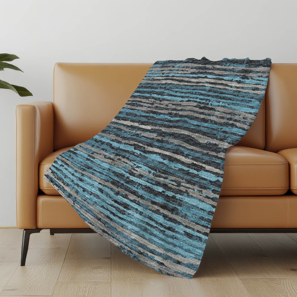50" X 70" Blue And Charcoal Striped Polyester Woven Plush Throw Blanket