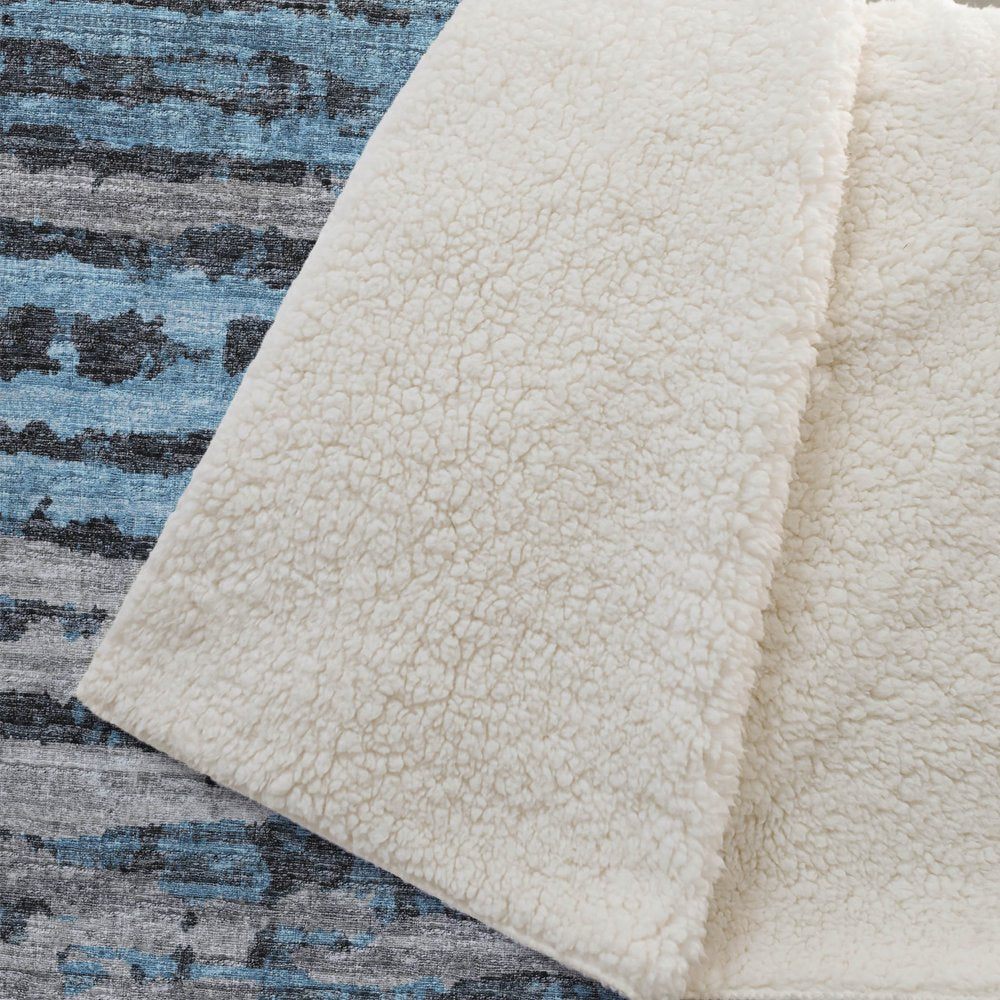 50" X 70" Blue And Charcoal Striped Polyester Woven Plush Throw Blanket