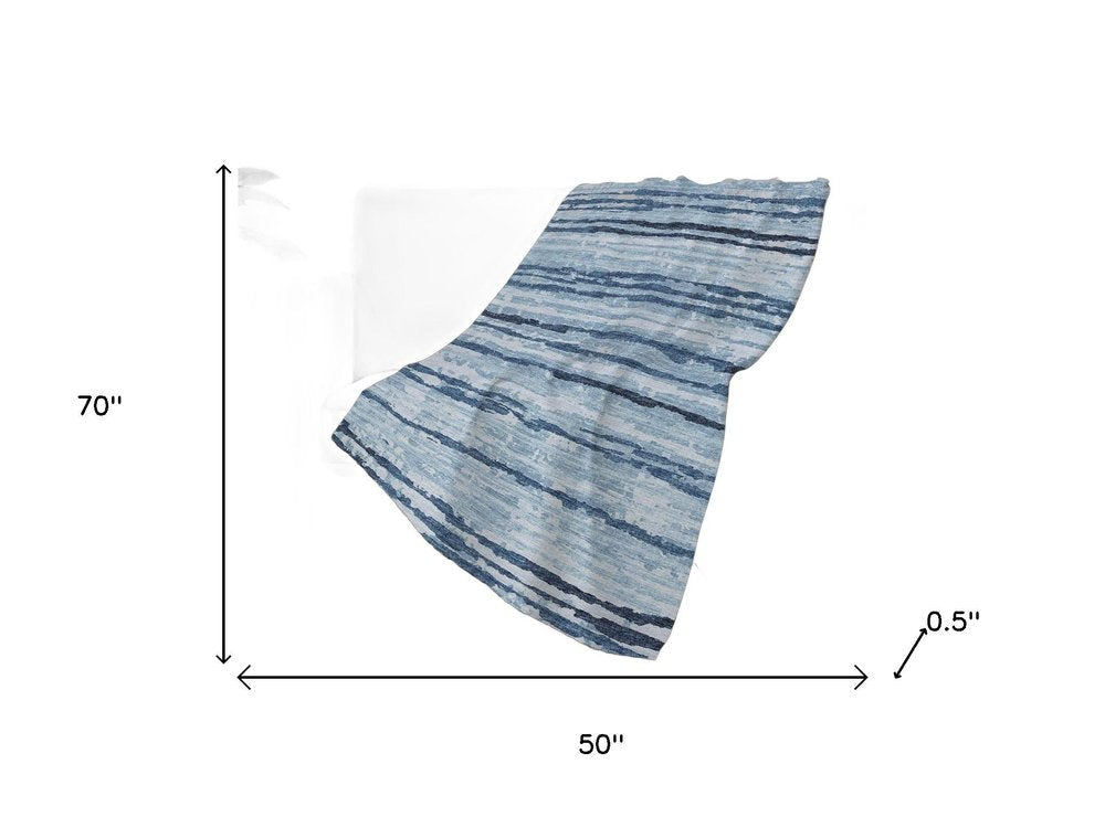 50" X 70" Blue And Ivory Striped Polyester Woven Plush Throw Blanket