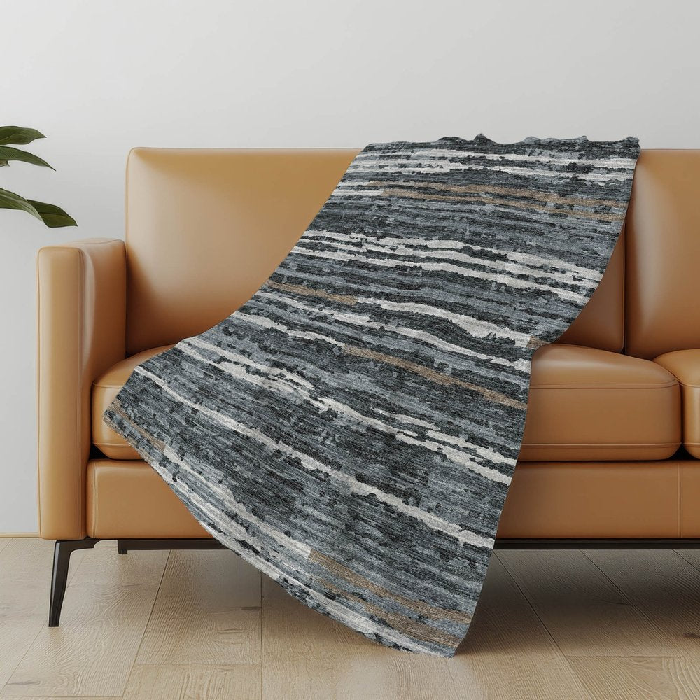 50" X 70" Charcoal And Gray Striped Polyester Woven Plush Throw Blanket