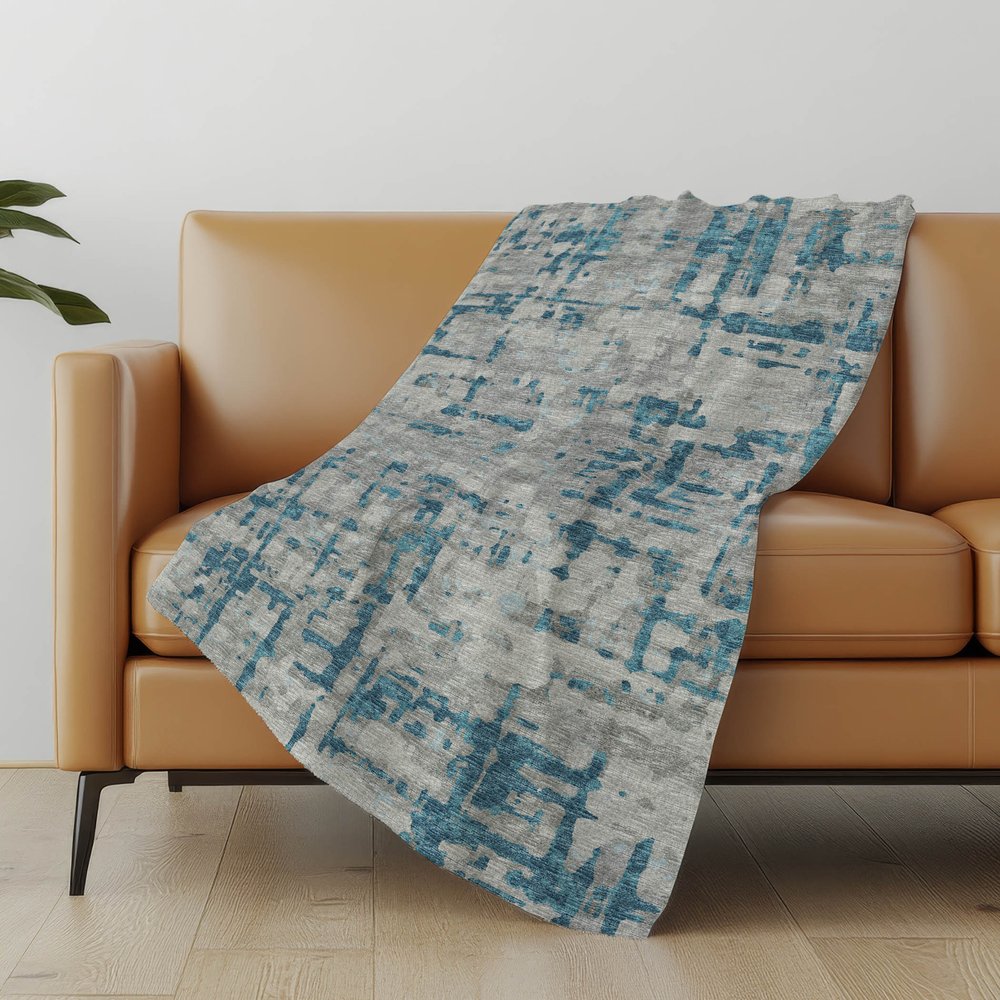 50" X 70" Gray And Blue Abstract Polyester Woven Plush Throw Blanket