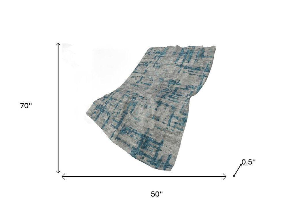 50" X 70" Gray And Blue Abstract Polyester Woven Plush Throw Blanket
