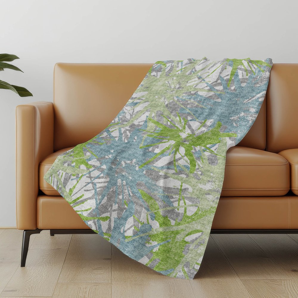 50" X 70" Green Teal And Gray Abstract Polyester Woven Plush Throw Blanket