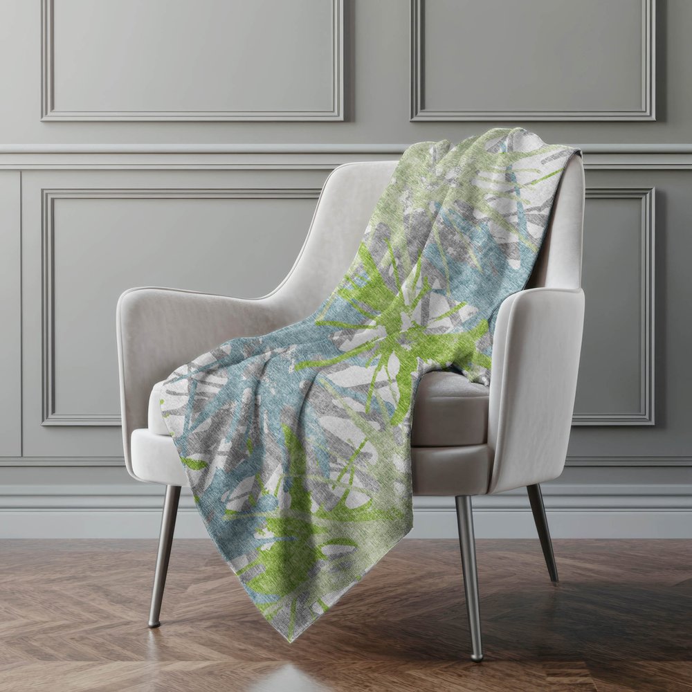 50" X 70" Green Teal And Gray Abstract Polyester Woven Plush Throw Blanket