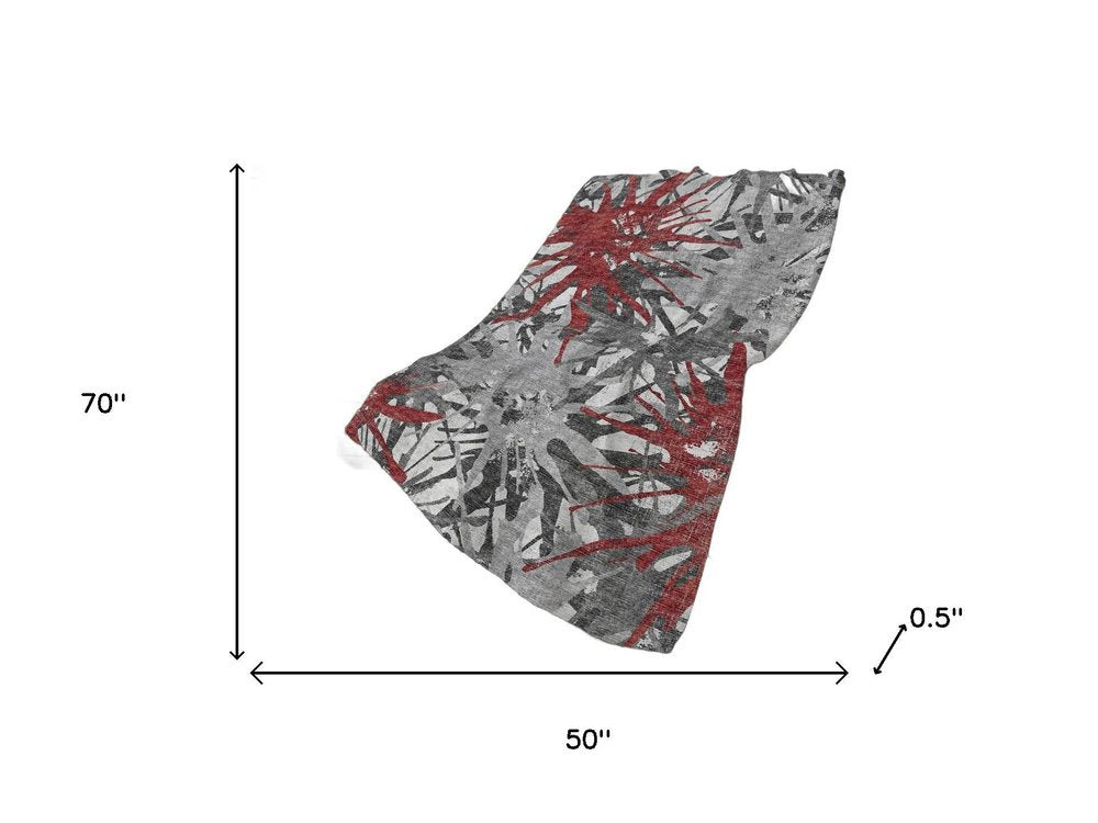 50" X 70" Red And Gray Abstract Polyester Woven Plush Throw Blanket