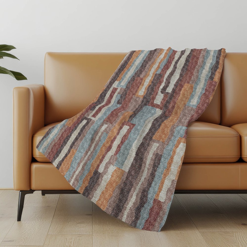 50" X 70" Rust Blue And Beige Abstract Polyester Woven Plush Throw Blanket