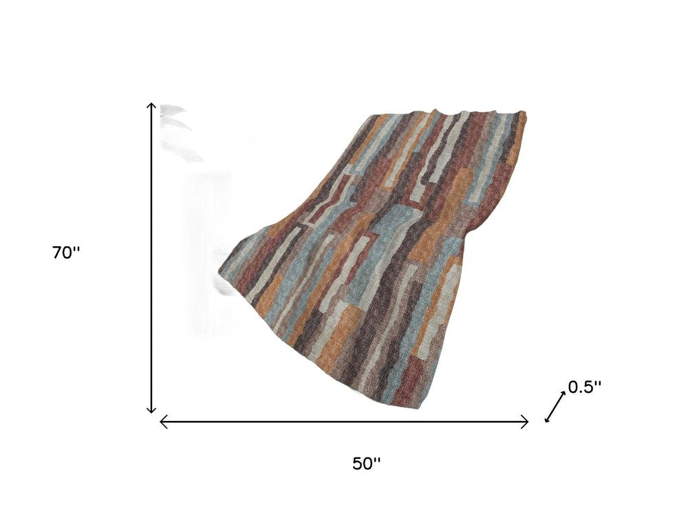 50" X 70" Rust Blue And Beige Abstract Polyester Woven Plush Throw Blanket