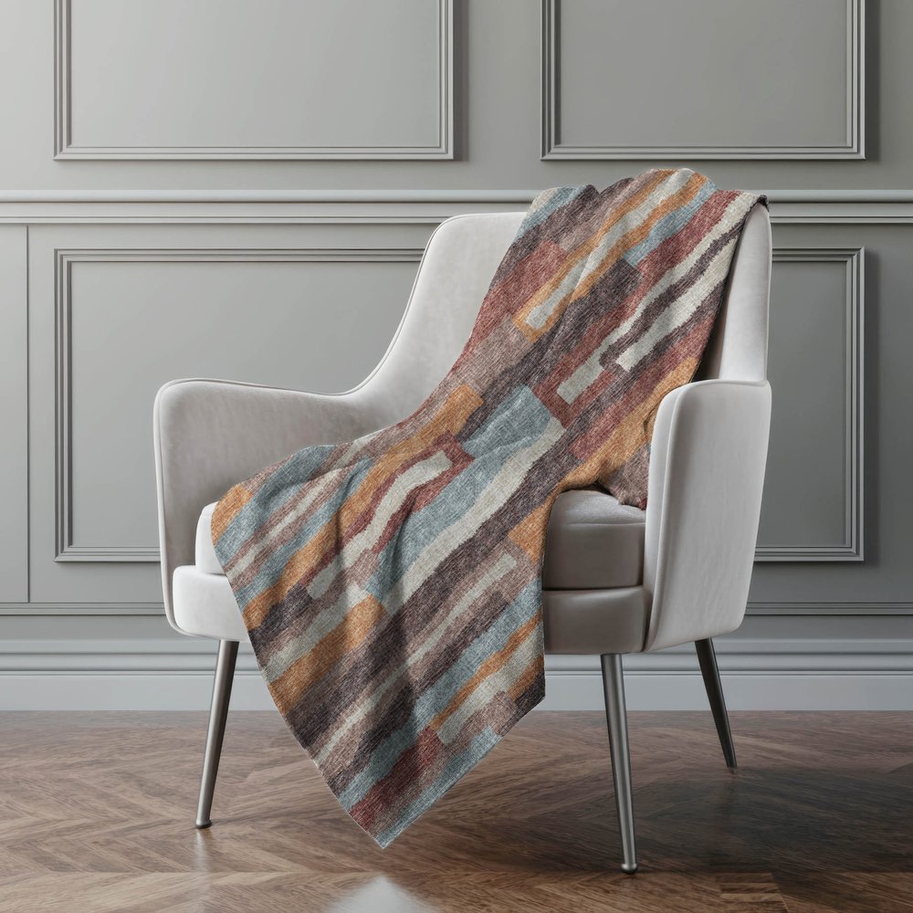 50" X 70" Rust Blue And Beige Abstract Polyester Woven Plush Throw Blanket