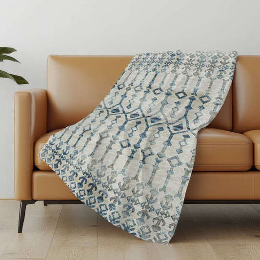 50" X 70" Ivory And Teal Geometric Polyester Woven Plush Throw Blanket