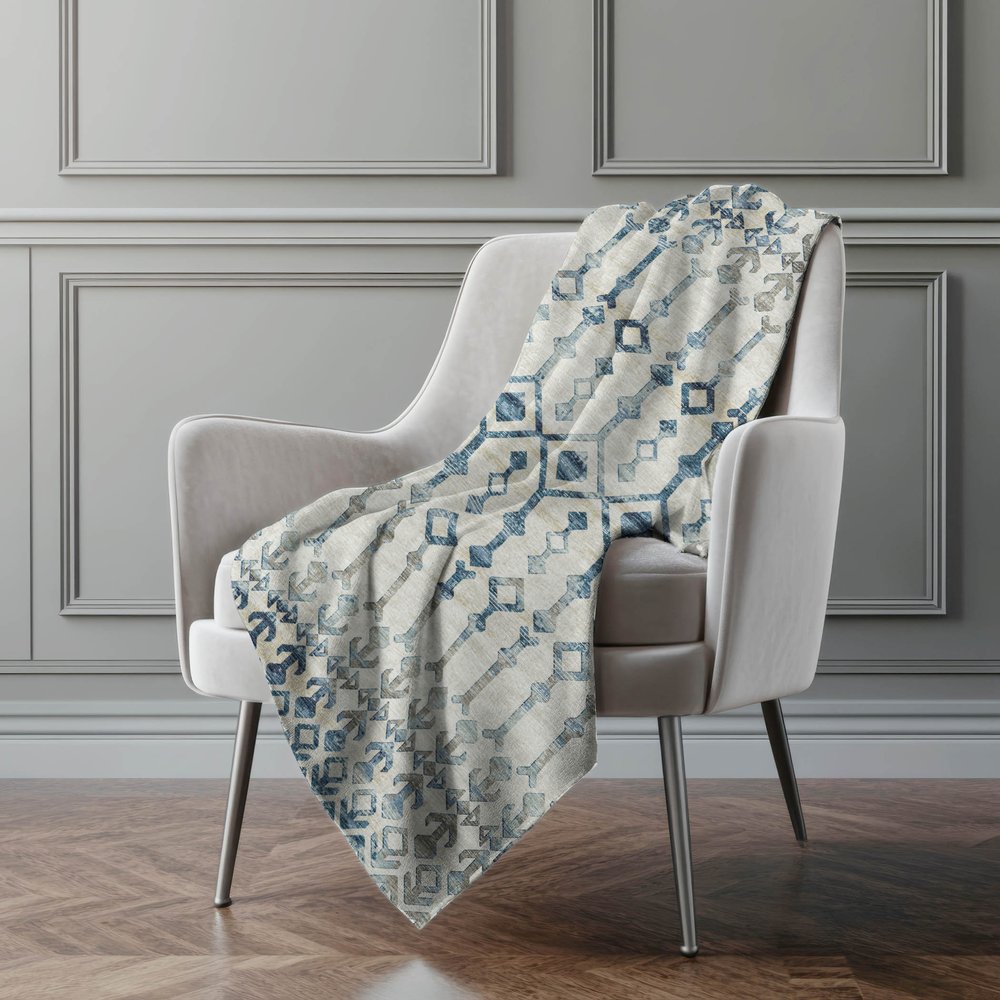 50" X 70" Ivory And Teal Geometric Polyester Woven Plush Throw Blanket