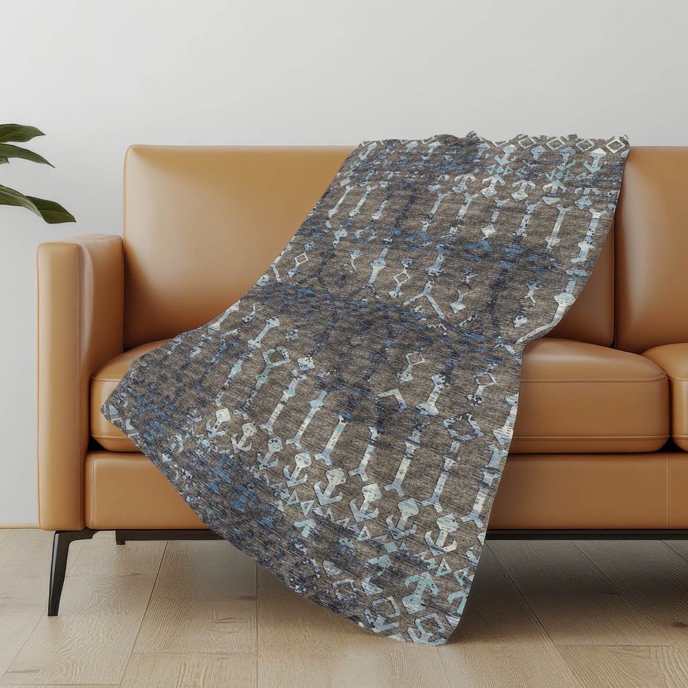 50" X 70" Chocolate And Blue Geometric Polyester Woven Plush Throw Blanket