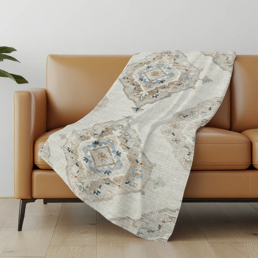 50" X 70" Linen Coffee And Ivory Floral Polyester Woven Plush Throw Blanket