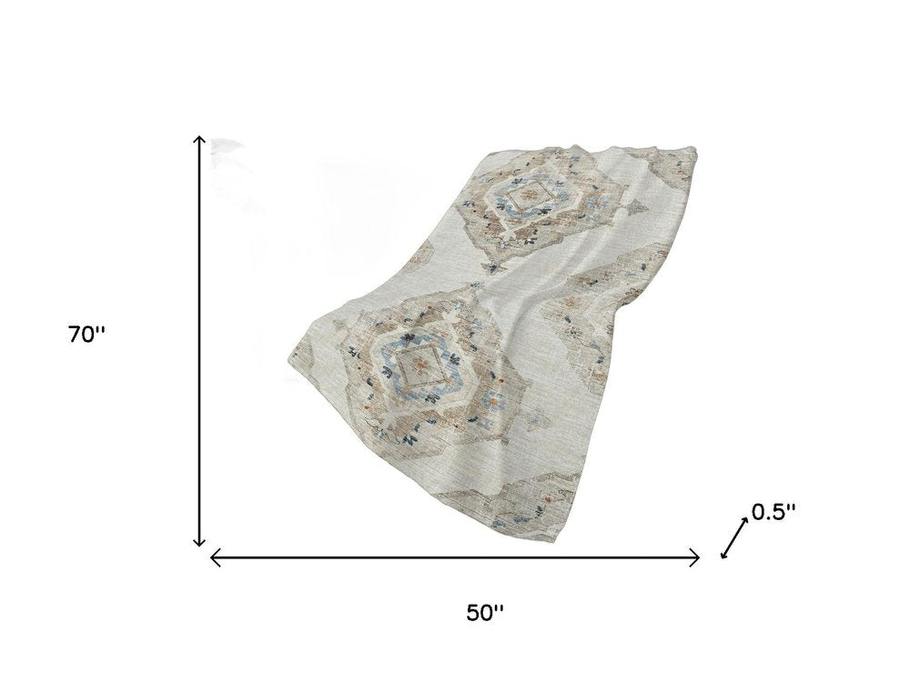 50" X 70" Linen Coffee And Ivory Floral Polyester Woven Plush Throw Blanket