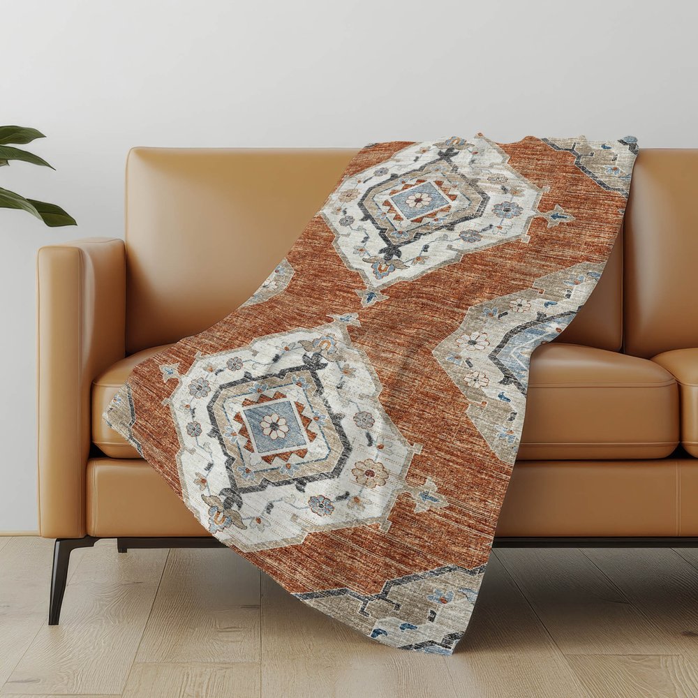 50" X 70" Rust Ivory And Blue Floral Polyester Woven Plush Throw Blanket