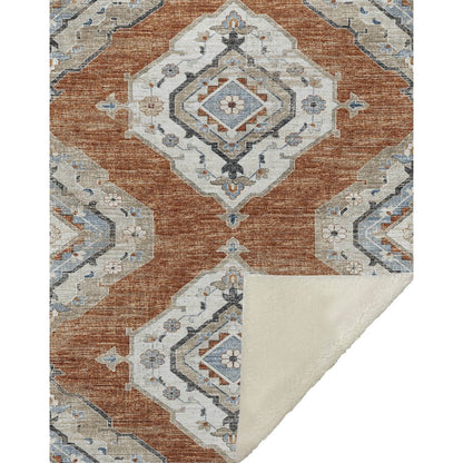 50" X 70" Rust Ivory And Blue Floral Polyester Woven Plush Throw Blanket