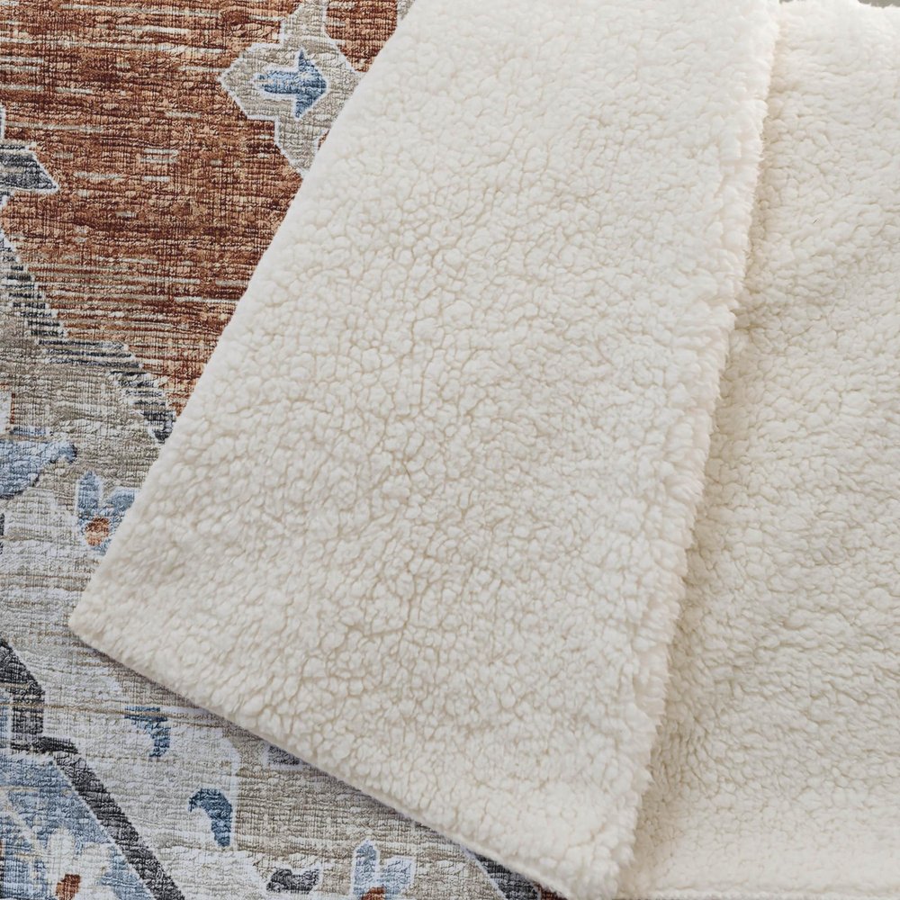 50" X 70" Rust Ivory And Blue Floral Microfiber Plush Throw Blanket