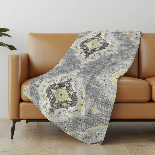 50" X 70" Silver Yellow And Charcoal Floral Polyester Woven Plush Throw Blanket