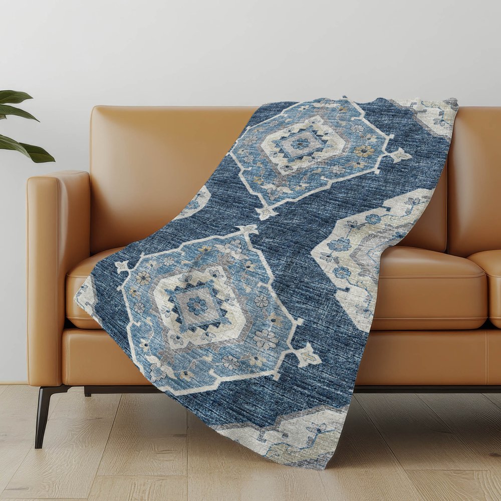 50" X 70" Blue And Ivory Floral Polyester Woven Plush Throw Blanket