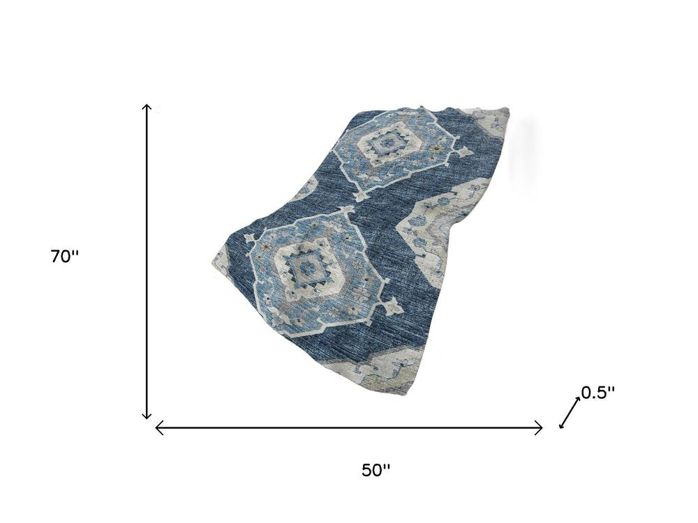 50" X 70" Blue And Ivory Floral Polyester Woven Plush Throw Blanket