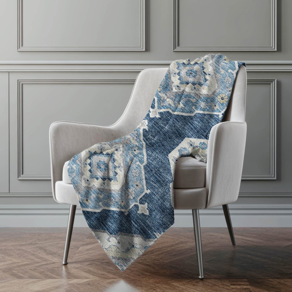 50" X 70" Blue And Ivory Floral Polyester Woven Plush Throw Blanket