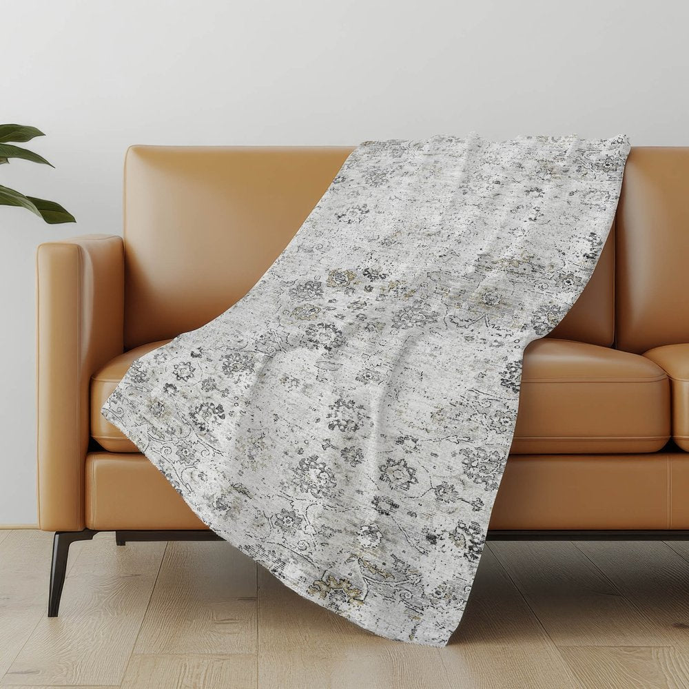 50" X 70" Gray And Ivory Floral Polyester Woven Plush Throw Blanket