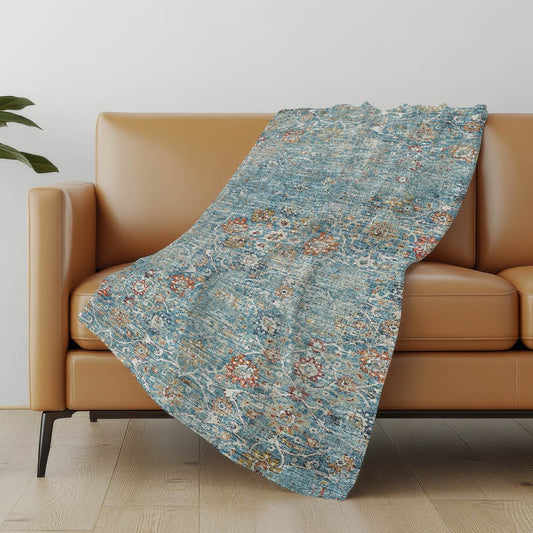 50" X 70" Rust Teal And Gold Floral Polyester Woven Plush Throw Blanket
