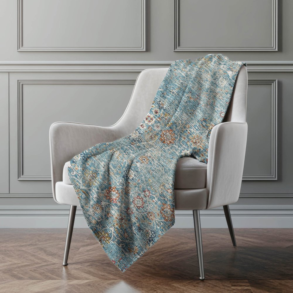 50" X 70" Rust Teal And Gold Floral Polyester Woven Plush Throw Blanket