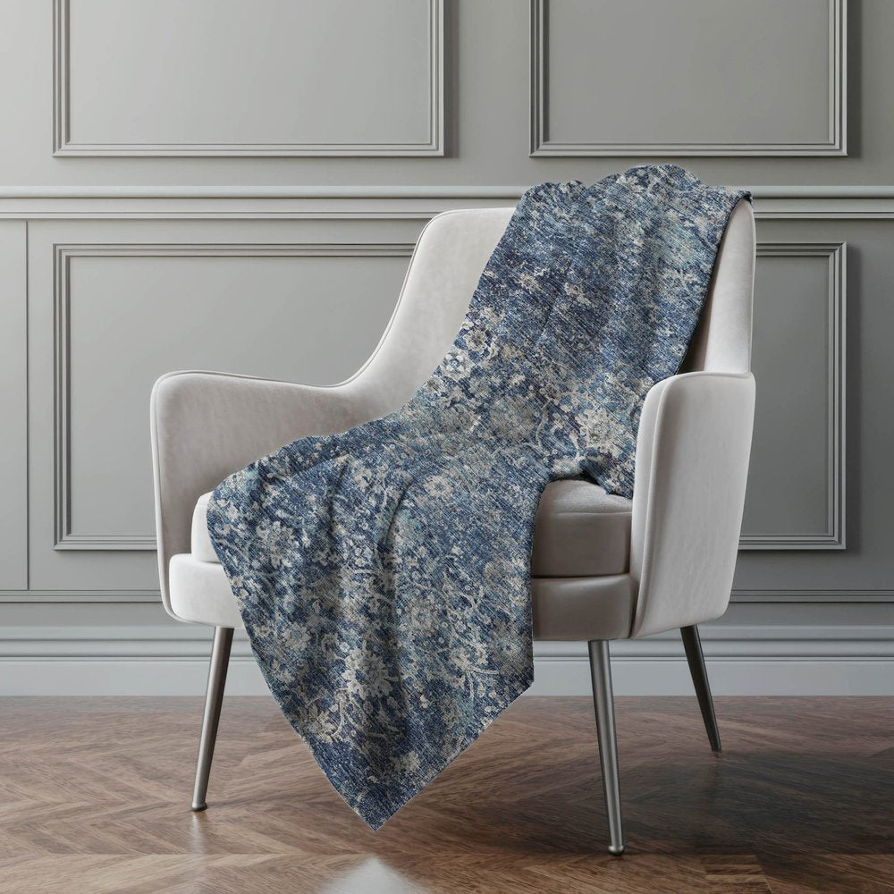 50" X 70" Blue And Pewter Floral Polyester Woven Plush Throw Blanket