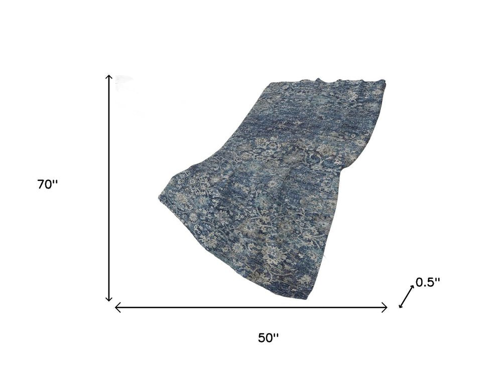 50" X 70" Blue And Pewter Floral Polyester Woven Plush Throw Blanket