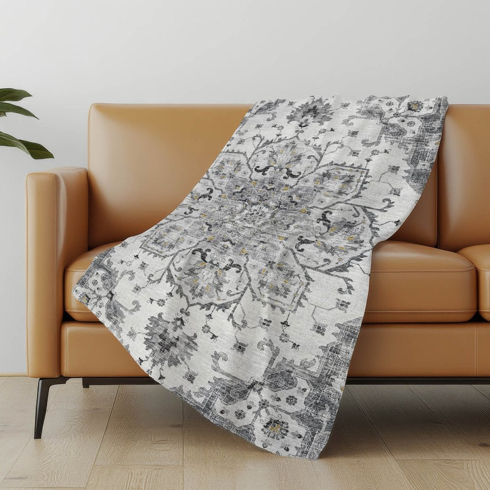 50" X 70" Charcoal Gray And Ivory Floral Polyester Woven Plush Throw Blanket