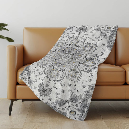 50" X 70" Charcoal Gray And Ivory Floral Polyester Woven Plush Throw Blanket