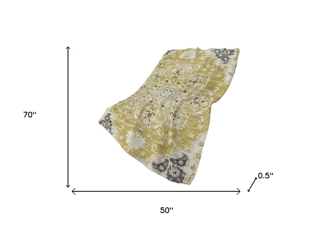 50" X 70" Ivory Gray And Gold Floral Polyester Woven Plush Throw Blanket