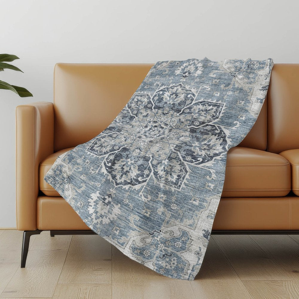 50" X 70" Blue And Ivory Floral Polyester Woven Plush Throw Blanket