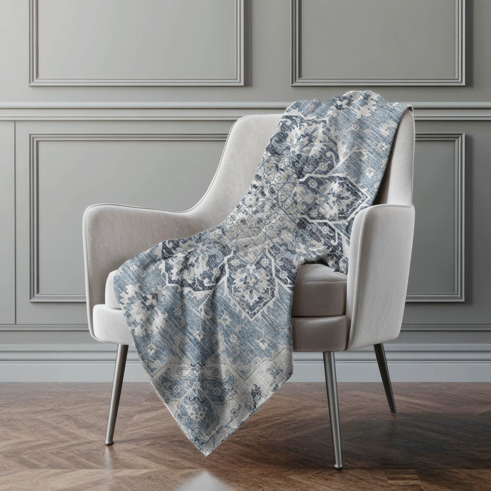 50" X 70" Blue And Ivory Floral Polyester Woven Plush Throw Blanket