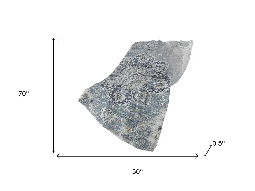 50" X 70" Blue And Ivory Floral Polyester Woven Plush Throw Blanket