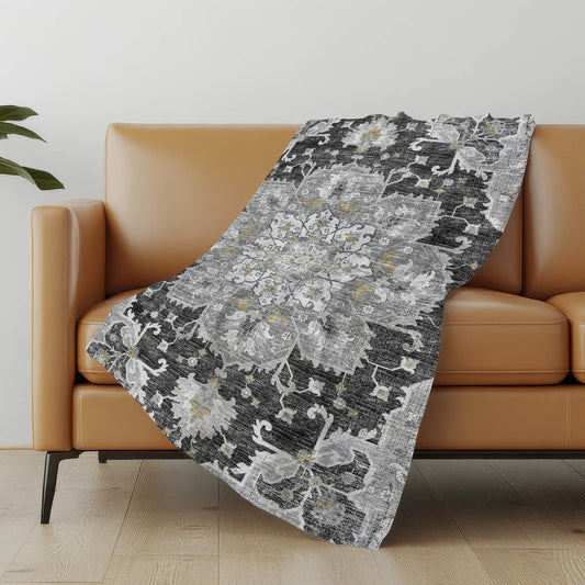 50" X 70" Charcoal Gold And Gray Floral Polyester Woven Plush Throw Blanket