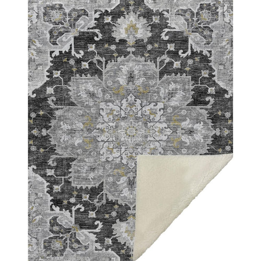 50" X 70" Charcoal Gold And Gray Floral Microfiber Plush Throw Blanket