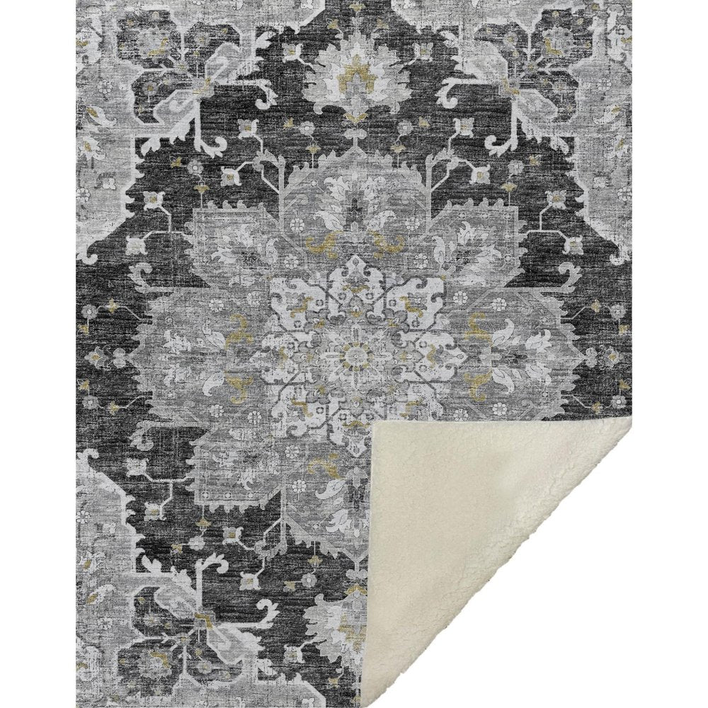 50" X 70" Charcoal Gold And Gray Floral Microfiber Plush Throw Blanket